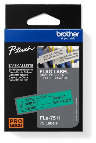 Brother FLe-7511 černá na zelené / Kazeta se štítky pro označení kabelů / 21 mm / 72 štítků