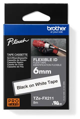 Brother TZe-FX211 bílá-černá / Páska do tiskárny štítků / 6 mm / 8 m / flexibilní / voděodolná