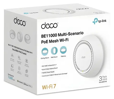 TP-Link Deco BE65-PoE (3-pack) / Wi-Fi 7 systém MESH BE9300 / Tri-band / 2,4 GHz 688 Mbps / 5 GHz 2882 Mbps