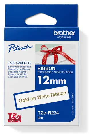 Brother TZE-R234 / Textilní stuha / zlatý tisk na bílém podkladu / 12 mm / 4 m