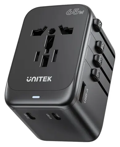 Unitek P1122ABK01 černá / Cestovní nabíjecí adaptér / 65W / 3x USB-C PD / 1x USB-A / universální zástrčka