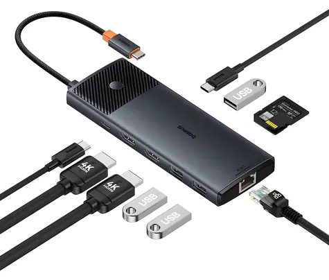 Baseus Metal Gleam II Series 10v1 Cosmic Black / Dokovací stanice / 2x HDMI 4K / USB-C PD 100W / USB-A 3.2 10 Gbps