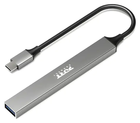 PORT CONNECT 900163 stříbrná / USB-C hub / 4x USB / USB-C PD 100W / hliníkové tělo