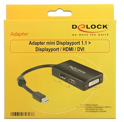 DeLock Adaptér Mini DisplayPort na DisplayPort + HDMI + DVI černá / Redukce / pasivní / 1920×1200 / 0,16 m