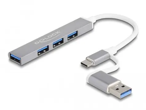 DeLock 64214 / USB hub / USB-A + USB-C / 4 porty / USB 3.2 Gen 1 + USB 2.0 / kovový