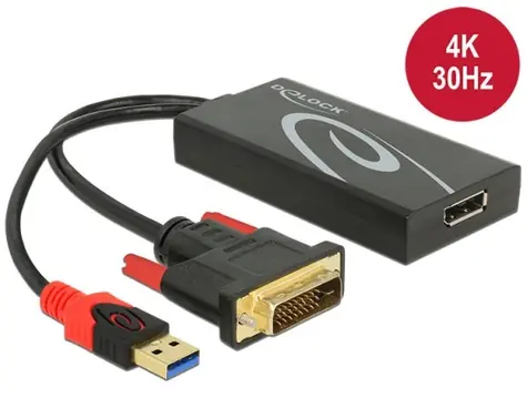 Delock Kabel DVI-D + USB (M) na DisplayPort 1.2 (F) černá / 0,3 m / 4K 3840×2160 / HDCP