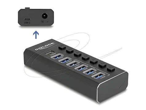 DeLock 7portový USB hub černá / USB hub / 4× USB-A 5 Gbps + 2× USB-A 10 Gbps + USB-C 10 Gbps / kovové tělo / AC adaptér