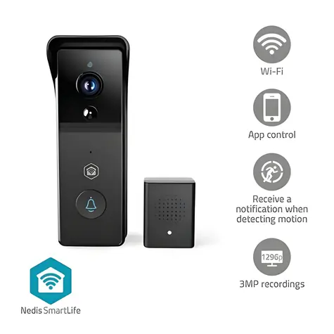 Nedis WIFICDP21BK černá / Chytrý dveřní videotelefon / Wi-Fi / SmartLife / 3MP 1296p / IP54 / baterie 4400 mAh / microSD