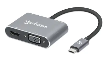 Manhattan USB-C 4in1 šedá / Adaptér / HDMI 4K + VGA / USB-A 3.2 / Power Delivery 87W
