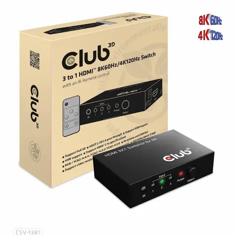 Club3D CSV-1381 HDMI switchbox černá / 3× HDMI vstup / 8K 60Hz / 4K 120Hz / HDMI 2.1a