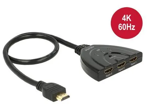 Delock HDMI Switch 3×1 černá / Přepínač HDMI / 4K 60 Hz / HDCP 1.4/2.2 / kabel 50 cm