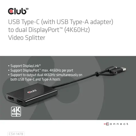 Club3D CSV-1478 / Adaptér / USB-C na 2x DisplayPort / 4K 60Hz