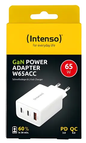 Intenso Power Adapter bílá / Nabíjecí adaptér / GaN / 65W / 2x USB-C / 1x USB-A / PD 3.0 / QC 4.0