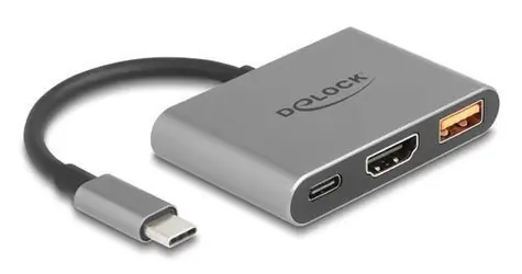 Delock USB-C (M) - HDMI (F) + USB-A šedá / Adaptér / DP Alt Mód / 4K / 30 Hz / USB PD 90 W