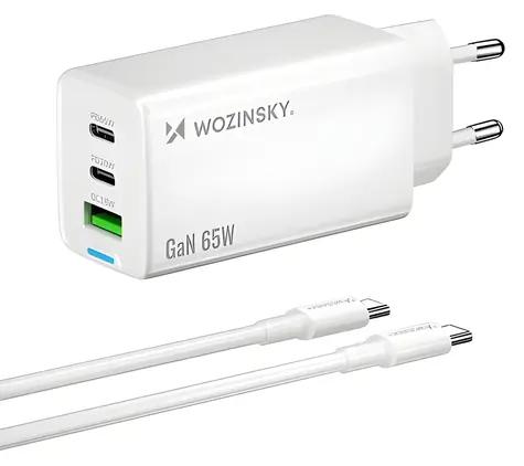 Wozinsky GaN 65W bílá / Nabíječka / USB-A + 2x USB-C / USB-C kabel 65W