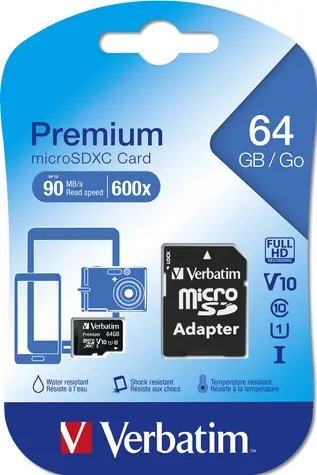 Verbatim Premium microSDXC 64GB + adaptér / Paměťová karta / UHS-I (U1) / Class 10 / V10 / R: 90 MB/s / W: 10 MB/s