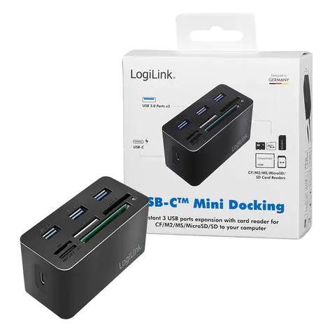 LogiLink černá / USB-C Hub / 8v1 / 3× USB-A 3.0 / Čtečka karet SD, microSD, M2, MS / 0,6 m