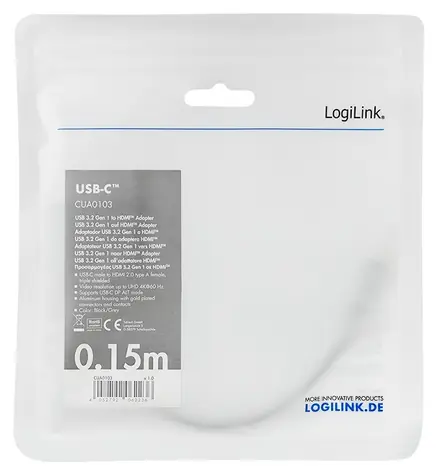 LogiLink USB-C - HDMI černá / Redukce / USB 3.2 Gen1 / 4K 60Hz / 0,15 m