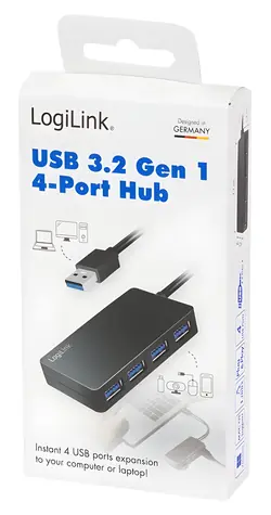 LogiLink černá / USB hub / 4 porty / USB 3.2 Gen 1 / LED indikace / 0,15 m kabel