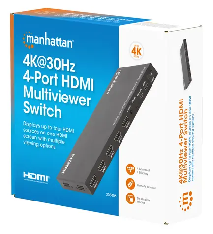 Manhattan 4K 30Hz 4-Port HDMI Multiviewer Switch / HDMI přepínač / 4 vstupy / 4K 30Hz / PiP / 7.1 audio
