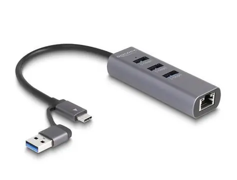 DeLock 3 Port USB 5 Gbps + Gigabit LAN šedá / USB hub / USB-C / 3× USB-A 5 Gbps / 1× RJ-45 / 0,2 m