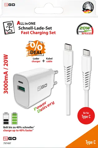 2GO bílá / Síťová nabíječka / 1x USB-A / 1x USB-C / 20 W / vč. kabelu USB-C 100 cm