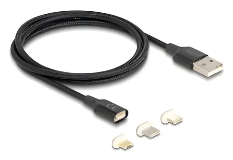 DeLock Magnetický USB kabel 3v1 černá / Nabíjecí kabel / Lightning, Micro-USB, USB-C adaptér / magnetický konektor / 1 m