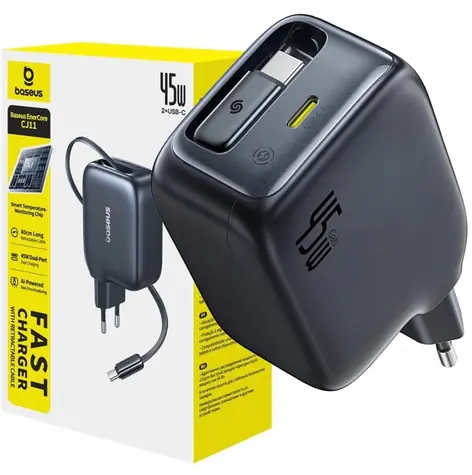 Baseus EnerCore CJ11 černá / Nabíječka / 45W / USB-C / navíjecí kabel USB-C