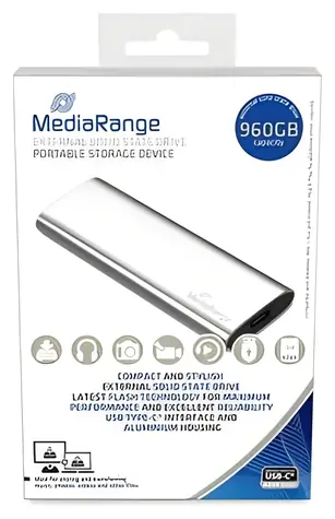 MediaRange 960GB stříbrná / Externí SSD / M.2 SATA III / TLC / USB-C / R:450MB/s / W:420MB/s