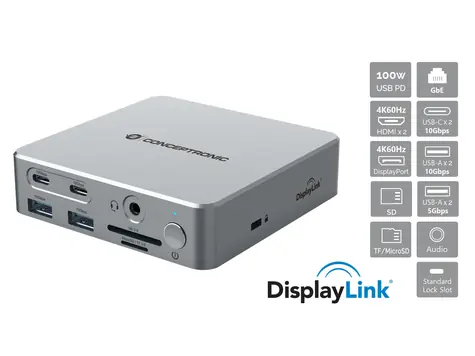 Conceptronic 15-in-1 stříbrná / Dokovací stanice / USB-C / 2x HDMI / 1x DisplayPort / 4K 60Hz / LAN / PD 100W