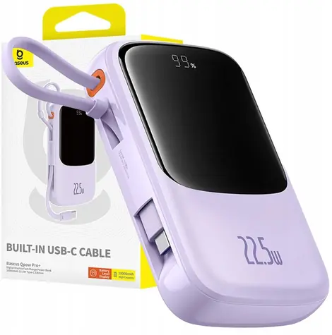 Baseus Qpow Pro+ 10000mAh 22.5W s kabelem USB-C fialová / Powerbanka / 2xUSB-C / 1xUSB-A