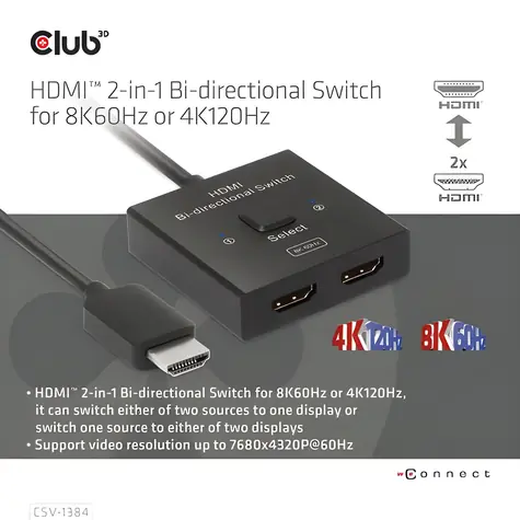 Club3D CSV-1384 černá / Switch HDMI / 2v1 obousměrný / 8K 60Hz / 4K 120Hz / HDMI 2.1