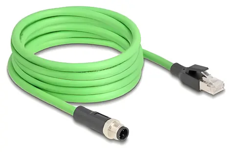 DeLock M12 4pin D-kód (M) - RJ45 (M) / Průmyslový ethernetový kabel / 5 m / PUR(TPU) / -25–80 °C