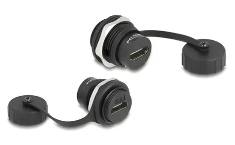 Delock HDMI-A samice-samice IP67 / Adaptér do panelu / s krytkou / prachu a vodě odolný / černá