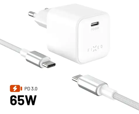 FIXED Mini bílá / Síťová GaN nabíječka / USB-C / PD 65 W / kabel USB-C-USB-C 2 m