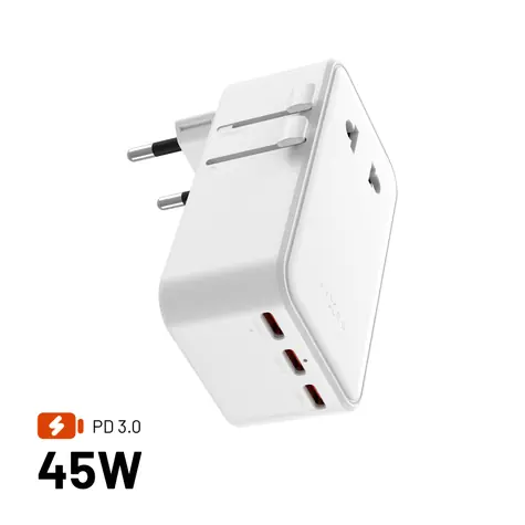 FIXED Voyager Slim 45W bílý / Cestovní adaptér / EU, UK, USA/AUS / 3× USB-C + USB-A / GaN / PD 45W