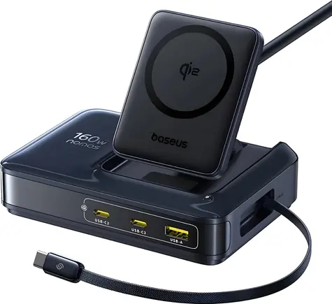 Baseus Nomos NH21 černá / Nabíjecí stanice / 160W / GaN / 3×USB-C / USB-A / Qi2 15W