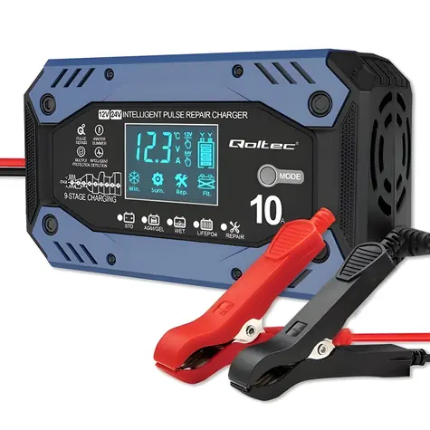 Qoltec 52482 černá / Nabíječka autobaterie / 12/24 V / 5/10 A / LCD