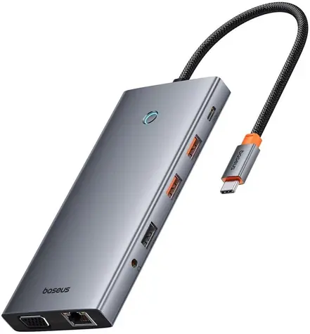 Baseus PortalJoy 13v1 šedá / Dokovací stanice / 2x HDMI / DisplayPort / VGA / USB-A 3.1 / USB-C PD / RJ45