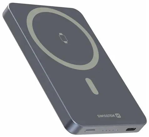 Swissten Fusion 5000 stříbrná / Power Bank / 5000 mAh / nabíjení Apple Watch / MagSafe