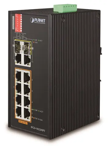 PLANET IFGS-1022HPT / Switch průmyslový / 8x 100Mb PoE+ / 2x 1Gb SFP / 802.3at 240W / -40 až 75 °C / IP30