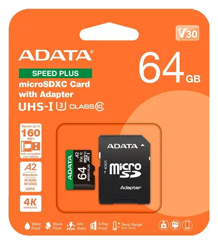 ADATA Speed Plus Micro SDXC karta 64GB + SD adaptér / UHS-I U3 / V30 / A2 / R: 160MB/s / W: 140MB/s