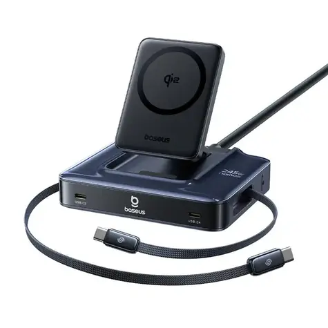 Baseus Nomos NH21 černá / Nabíjecí stanice / 245W / 6v1 / bezdrátová / 2× zasouvací USB-C