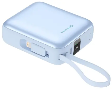 SWISSTEN Space 10000mAh modrá / Powerbanka s integrovanými kabely / USB-C + Lightning