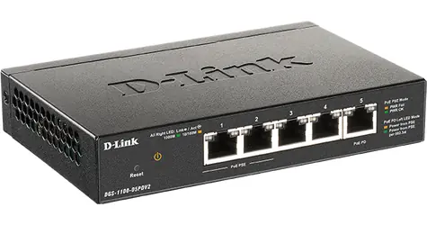 D-Link DGS-1100-05PDV2 / 5-Port Gigabit PoE Smart Switch / napájen přes PoE / 2x PoE porty