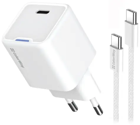 Colorway bílá / Nabíječka síťová / 1x USB-C / GaN / 30 W / PD / PPS / kabel USB-C 1 m