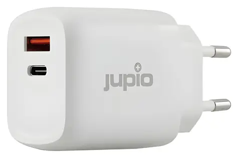 Jupio Dual USB GaN Charger / Nabíjecí adaptér / GaN / USB-A + USB-C / 30W / s průchozí zásuvkou