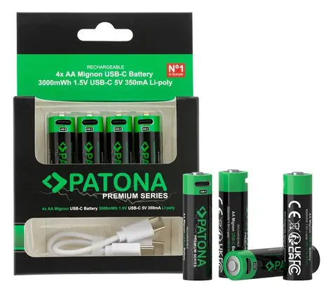 Patona AA/LR6 / Nabíjecí baterie / Li-Pol / 2000mAh / 1,5V / USB-C nabíjení / 4 ks