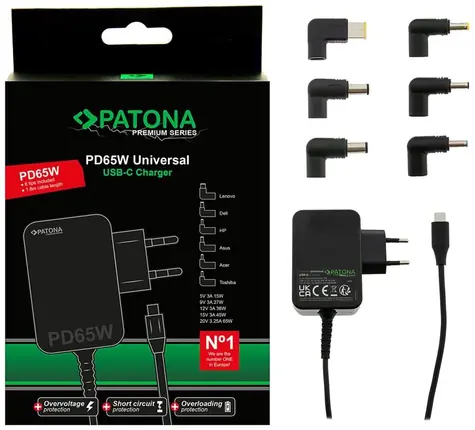 Patona / Napájecí adaptér k notebooku / 18,5–20 V / 65 W / USB-C / Power Delivery / 6 konektorů / UNI