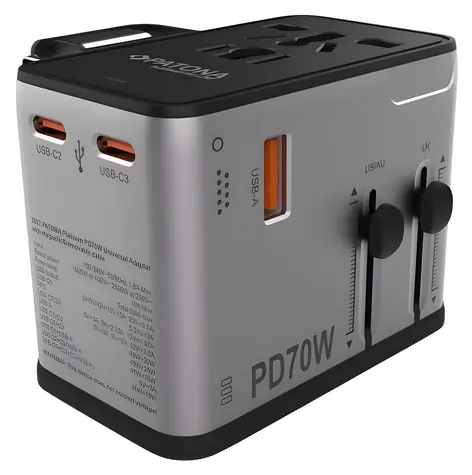 PATONA Cestovní adaptér 70W / 3x USB-C / 1x USB-A / Power Delivery / zástrčky EU/UK/US